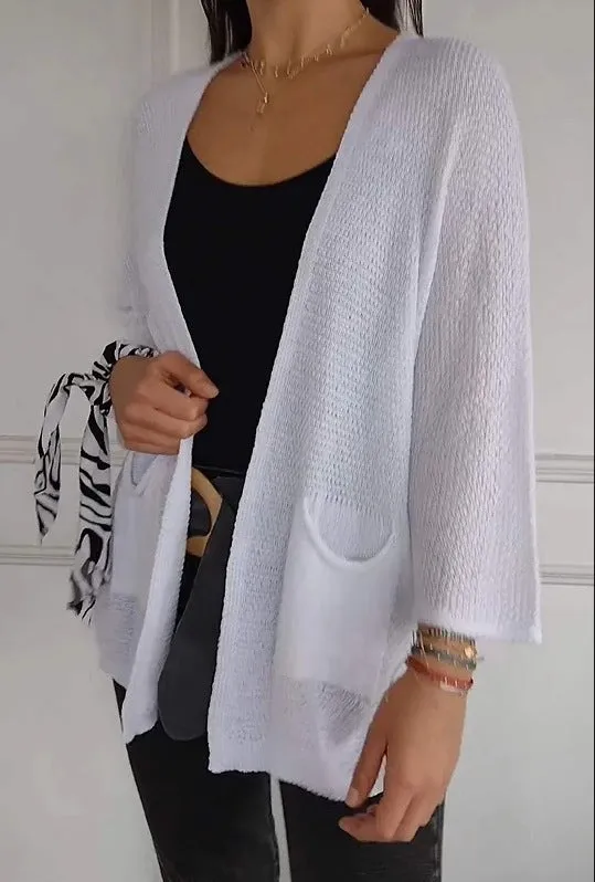 Women's thin waffle fabric cardigan coat with nine-quarter sleeves in army green colour.