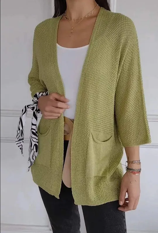 Women's thin waffle fabric cardigan coat with nine-quarter sleeves in army green colour.