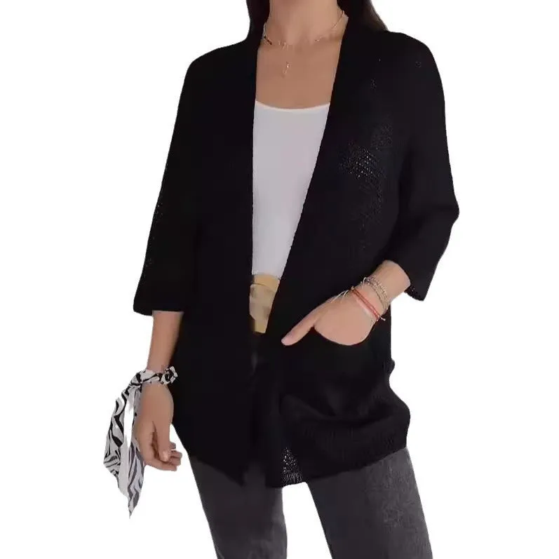 Women's thin waffle fabric cardigan coat with nine-quarter sleeves in army green colour.