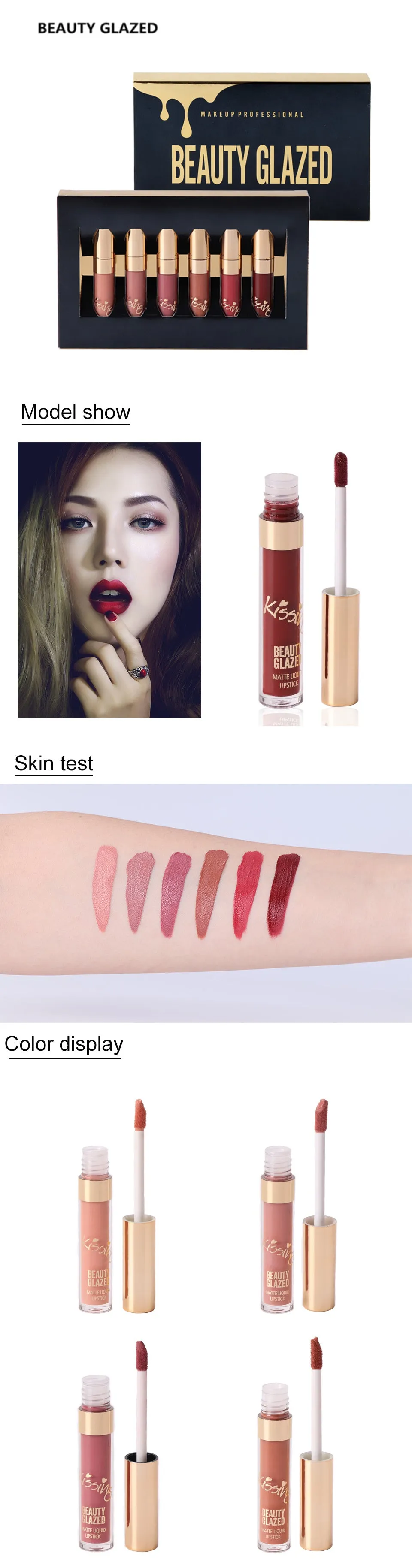 Six tubes of liquid matte lipstick in assorted shades laid out on a white background