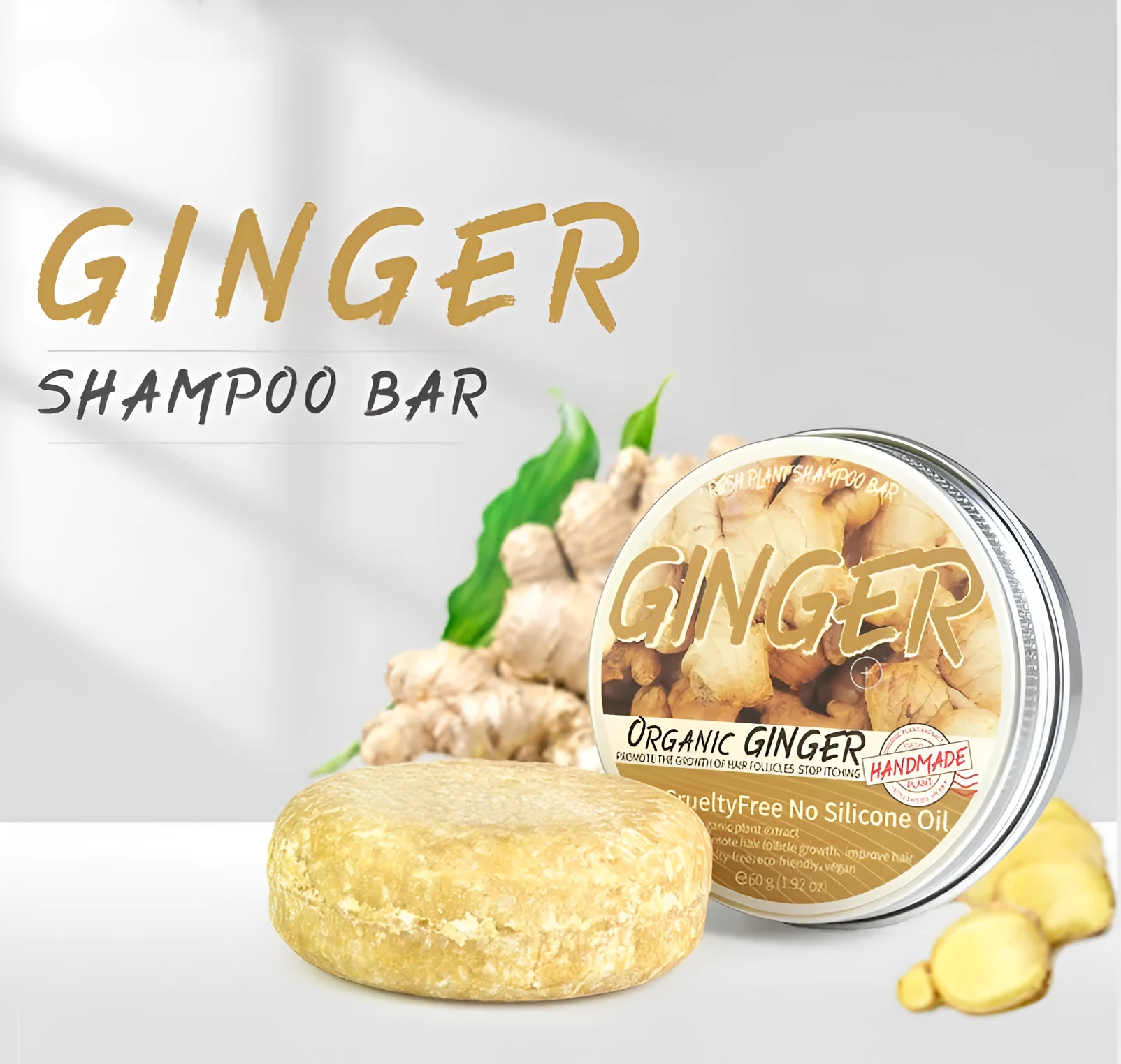 Ginger shampoo soap 60g anti-dandruff bar on a wooden surface