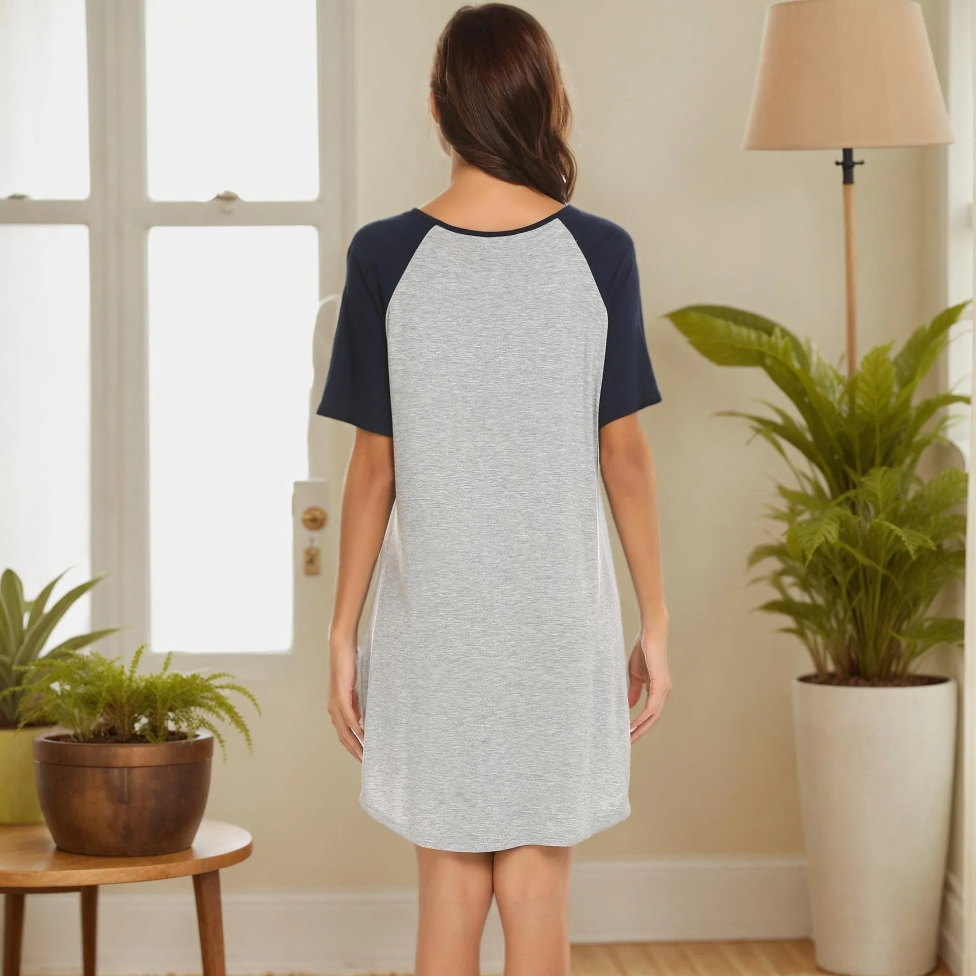 Women's double brushed nightdress with colour contrast patchwork design and contrasting sleeve colours