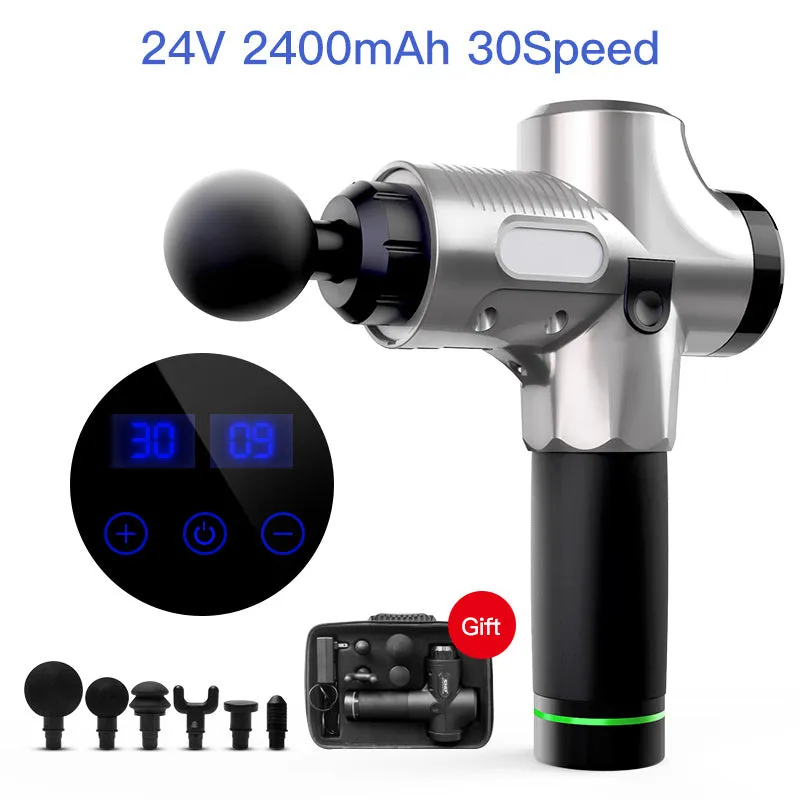 Fascia massage gun with six massage heads, 30-speed control, black colour, rechargeable battery