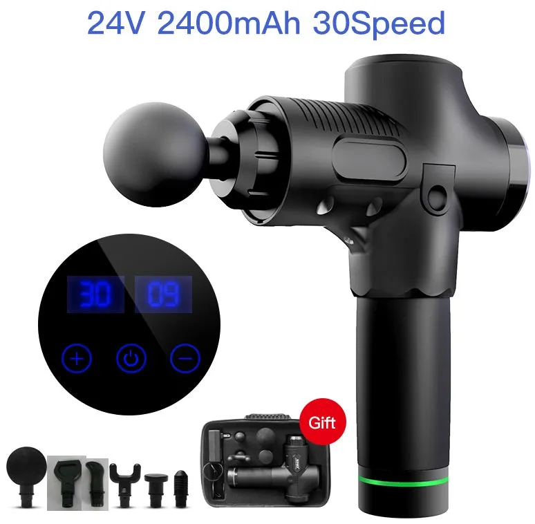 Fascia massage gun with six massage heads, 30-speed control, black colour, rechargeable battery