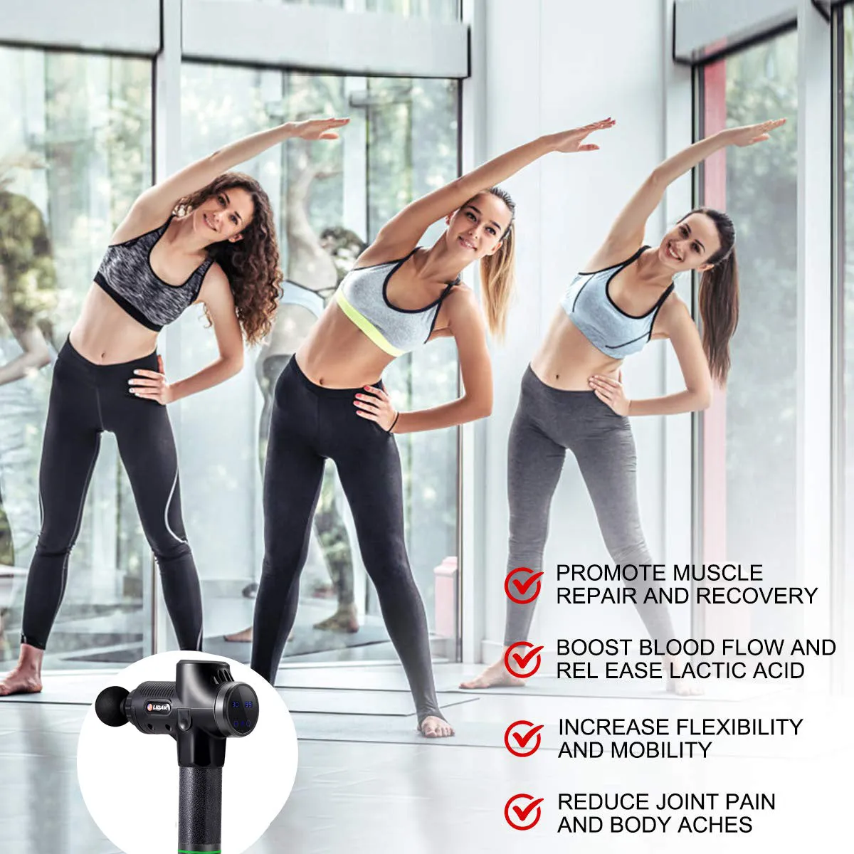 Fascia massage gun with six massage heads, 30-speed control, black colour, rechargeable battery