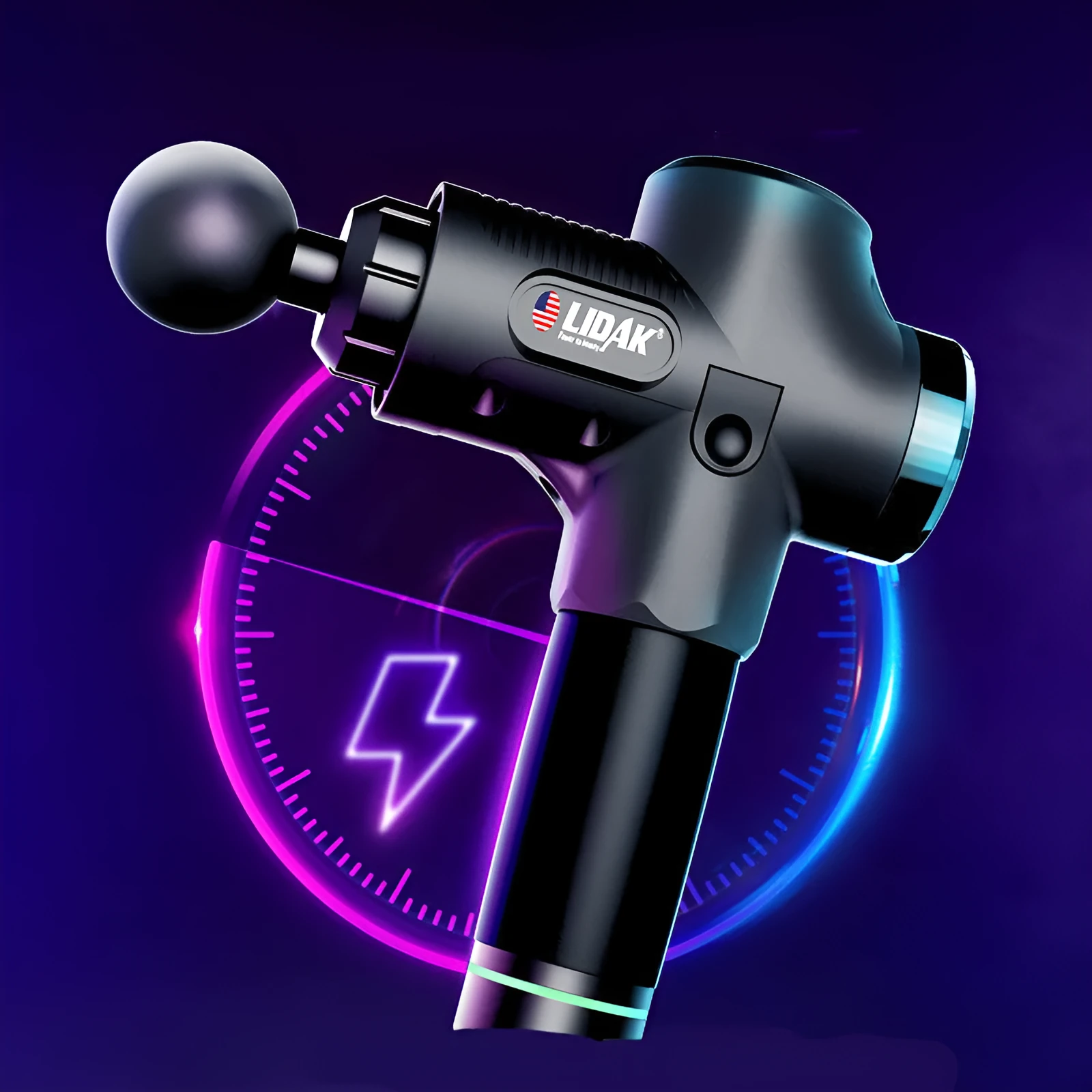 Fascia massage gun with six massage heads, 30-speed control, black colour, rechargeable battery