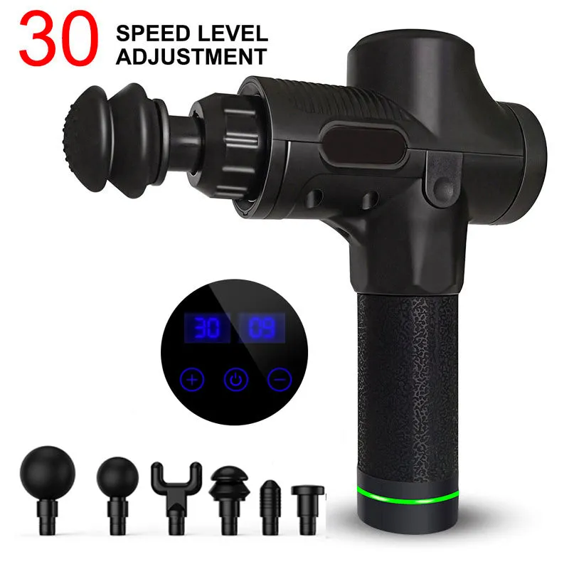 Fascia massage gun with six massage heads, 30-speed control, black colour, rechargeable battery