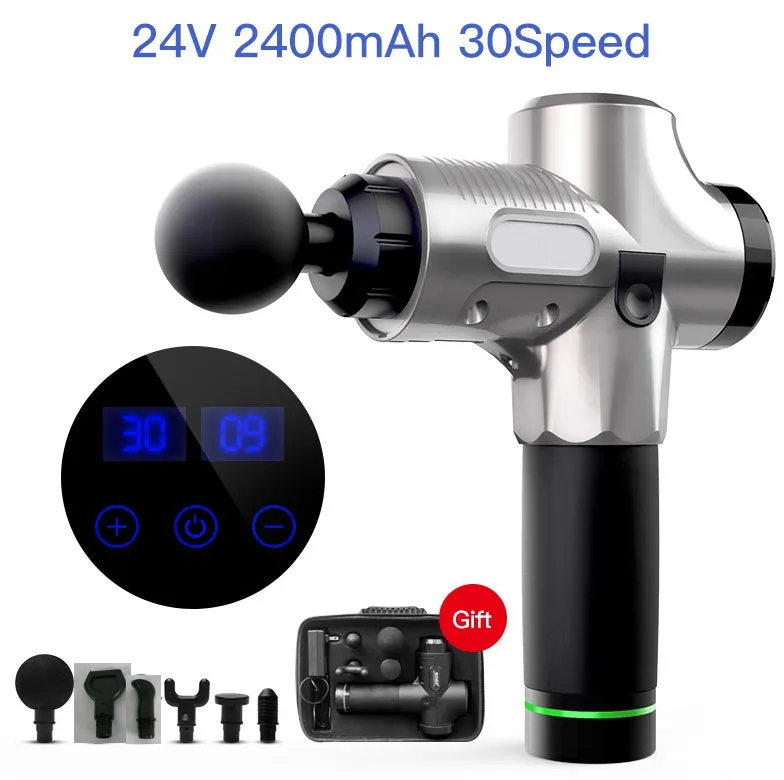 Fascia massage gun with six massage heads, 30-speed control, black colour, rechargeable battery