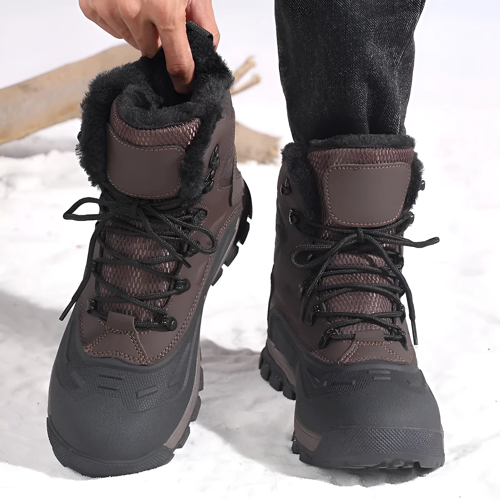 Men's black high-top fleece-lined winter boots with flat heel and lace-up front