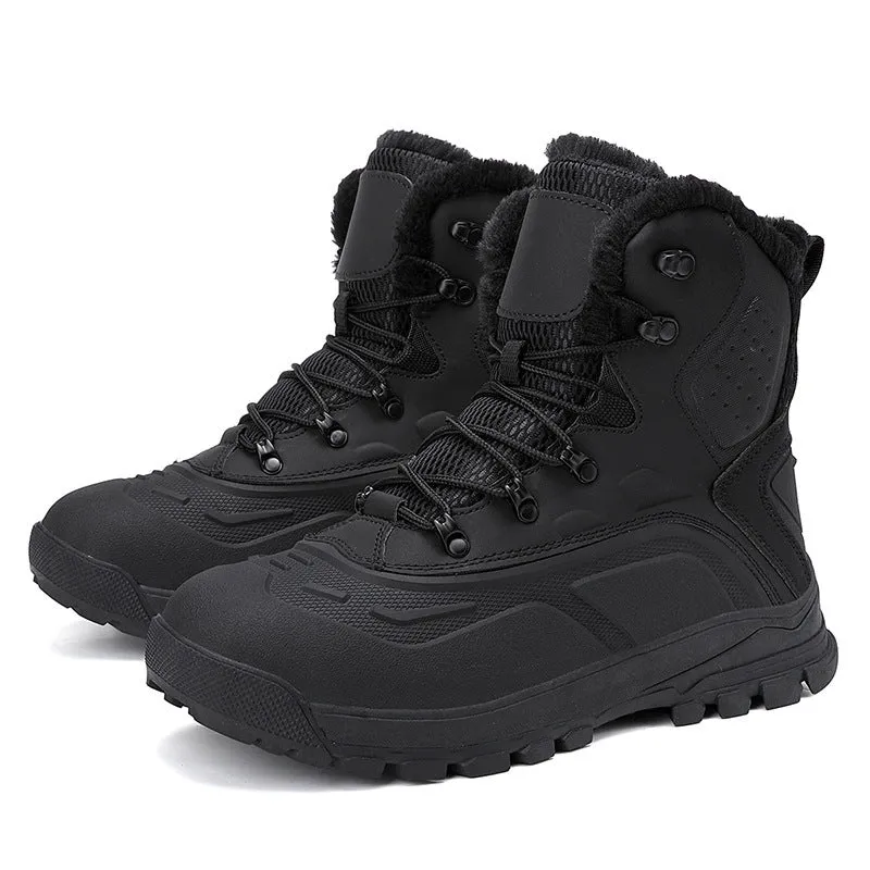 Men's black high-top fleece-lined winter boots with flat heel and lace-up front