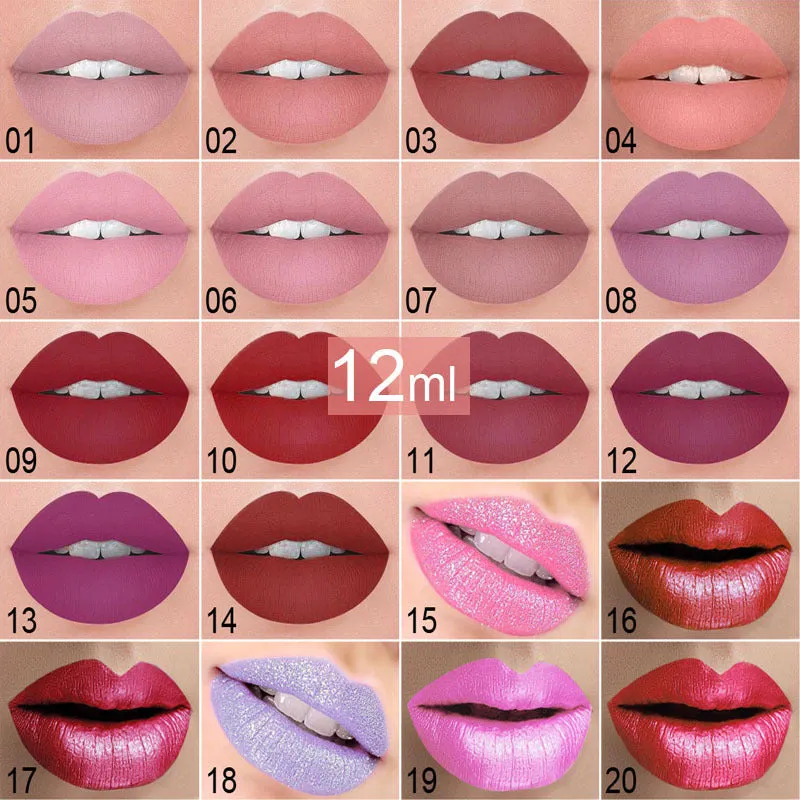 Matte lip gloss 12ml non-stick cup liquid lipstick in metal pearl finish with 20 colour options