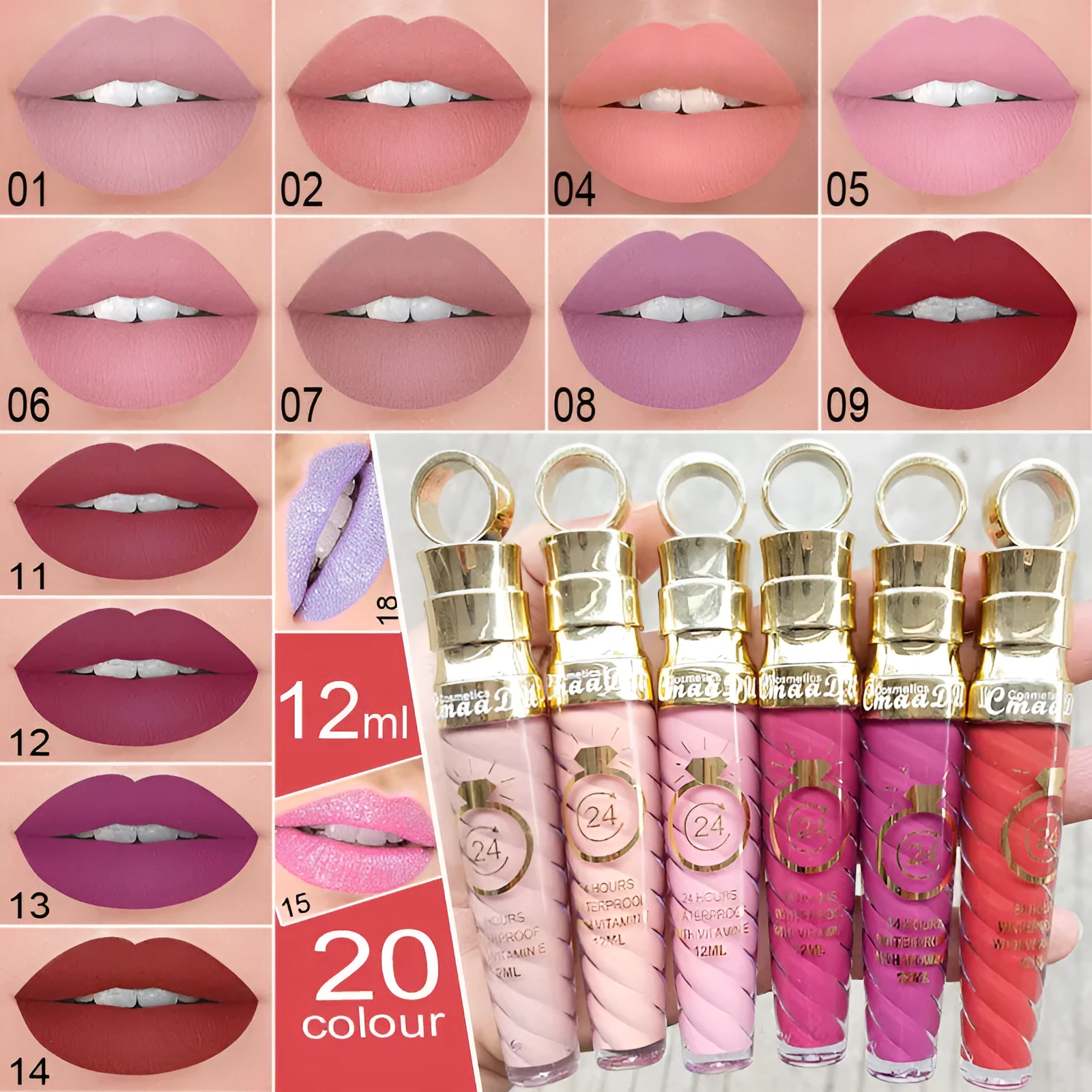 Matte lip gloss 12ml non-stick cup liquid lipstick in metal pearl finish with 20 colour options