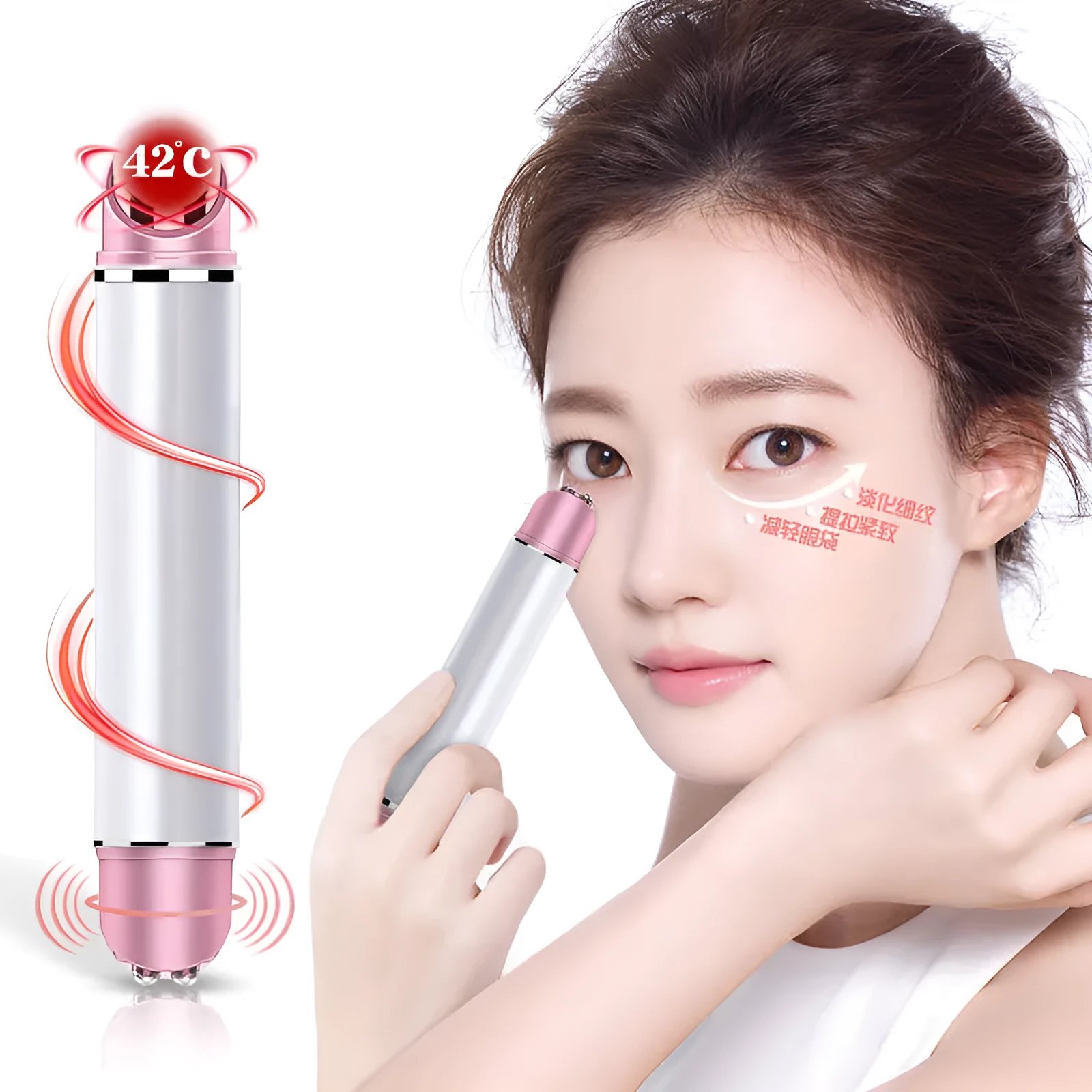 Piano white eye beauty instrument with USB cable, showing negative ion and ultrasonic wave modes