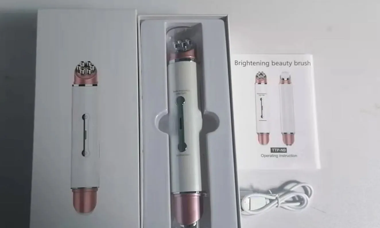 Piano white eye beauty instrument with USB cable, showing negative ion and ultrasonic wave modes