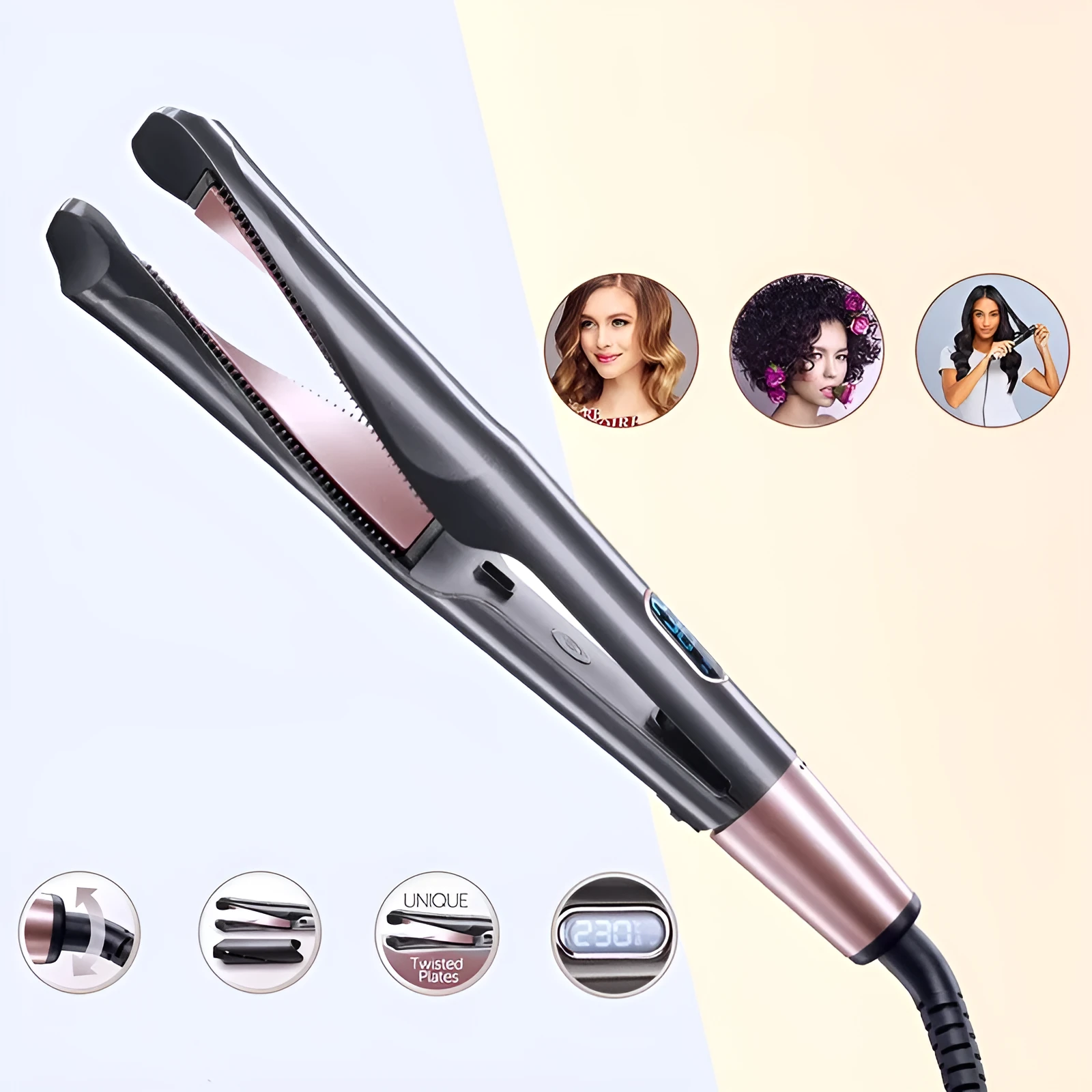2 In 1 Hair Straightener And Curler Curling Iron For All Hair Types Tourmaline Ceramic Twisted Flat Iron For Hair Styling Metallic Grey UK Plug