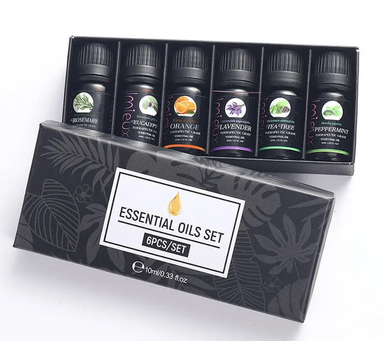 Six 10ml essential oil bottles in a row – tea tree, mint, sweet orange, eucalyptus, rosemary, lavender