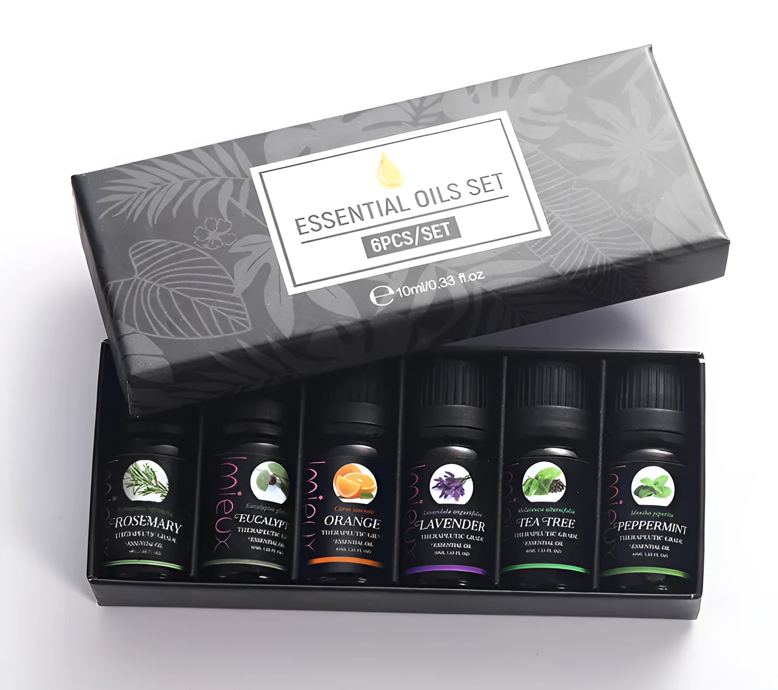Six 10ml essential oil bottles in a row – tea tree, mint, sweet orange, eucalyptus, rosemary, lavender