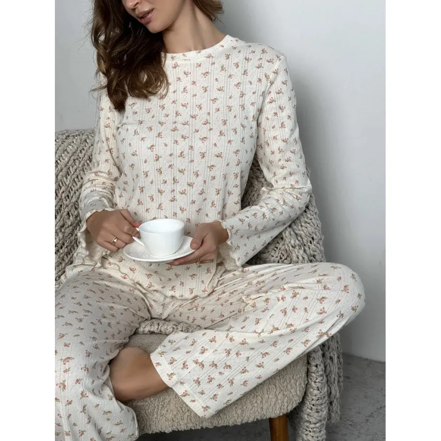 White floral print women's home wear suit with bell sleeves and wide-leg trousers