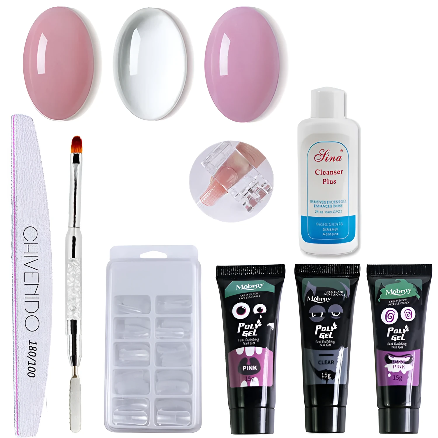 Nail crystal extender set with gel material, 18.5cm tools, 30ml cleaner, 3 polishes, brush, file, clamp, rinse, and box of 100 nails