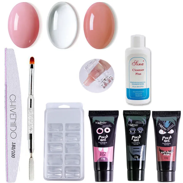 Nail crystal extender set with gel material, 18.5cm tools, 30ml cleaner, 3 polishes, brush, file, clamp, rinse, and box of 100 nails