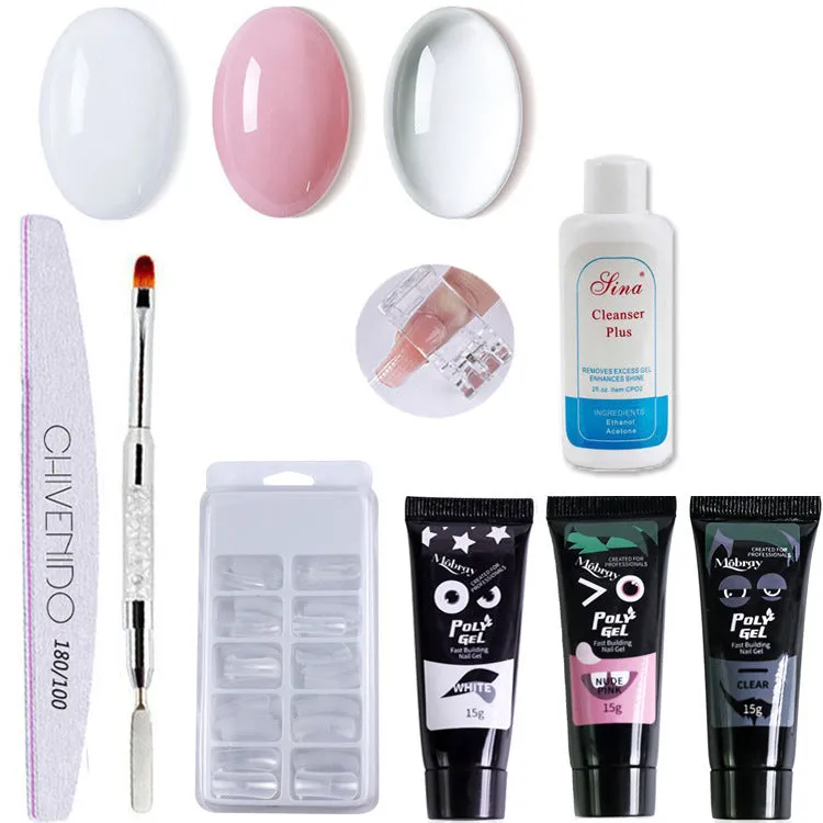 Nail crystal extender set with gel material, 18.5cm tools, 30ml cleaner, 3 polishes, brush, file, clamp, rinse, and box of 100 nails
