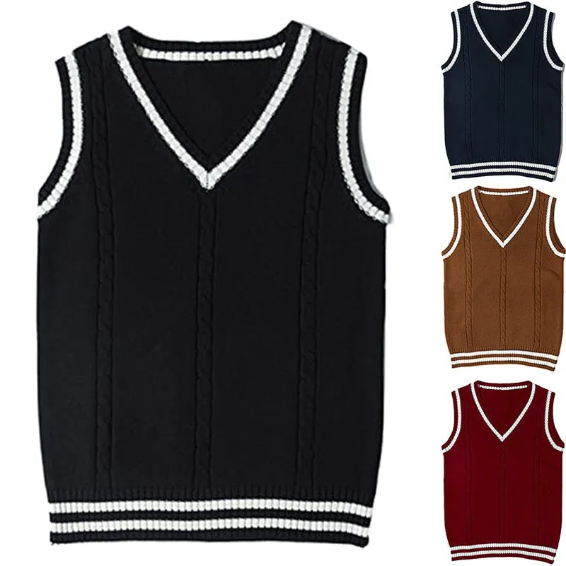 Women's slim fit V-neck acrylic sweater in wine red with striped stitching detail on the front.