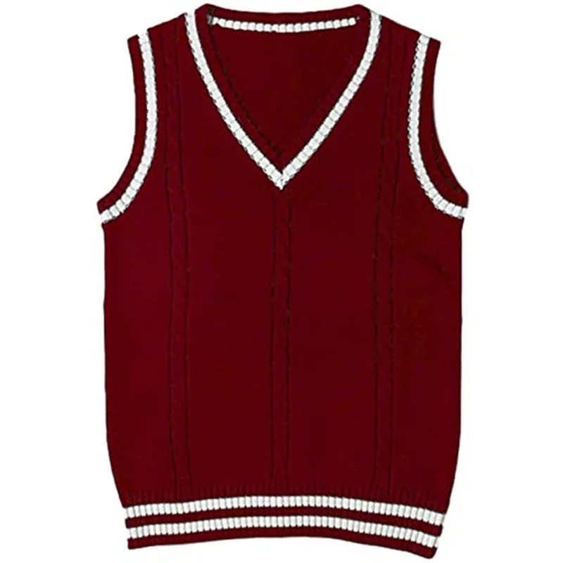 Women's slim fit V-neck acrylic sweater in wine red with striped stitching detail on the front.