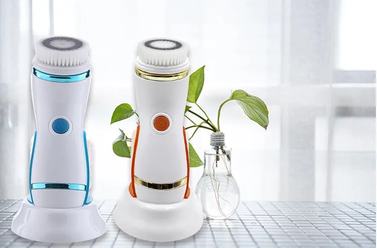 Ultrasonic electric pore cleaner in blue and orange with three brush heads and two gear speed settings for blackhead removal