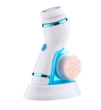 Ultrasonic electric pore cleaner in blue and orange with three brush heads and two gear speed settings for blackhead removal