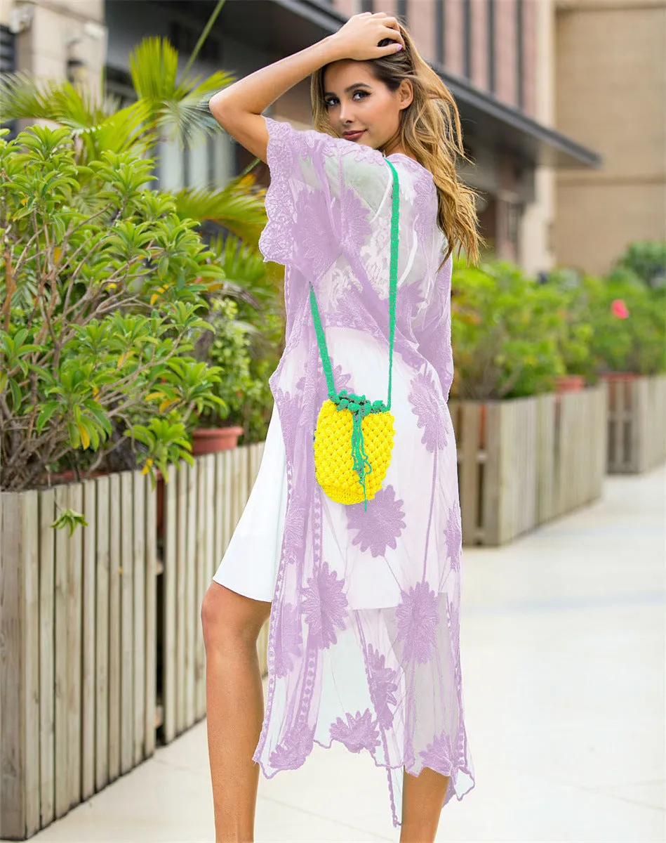 Light purple beach cover-up cardigan for women, free size, suitable for swimming and beachwear.
