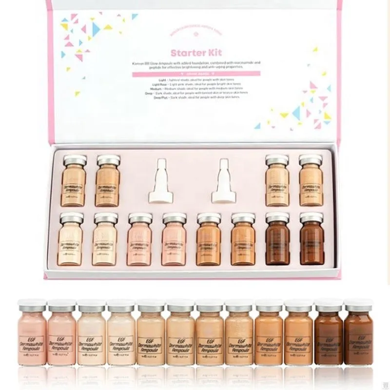 Korean BB cream 8ml booster ampoule starter kit with 12 mixed vials, niacinamide, and titanium dioxide