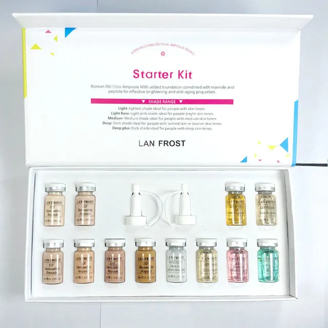 Korean BB cream 8ml booster ampoule starter kit with 12 mixed vials, niacinamide, and titanium dioxide