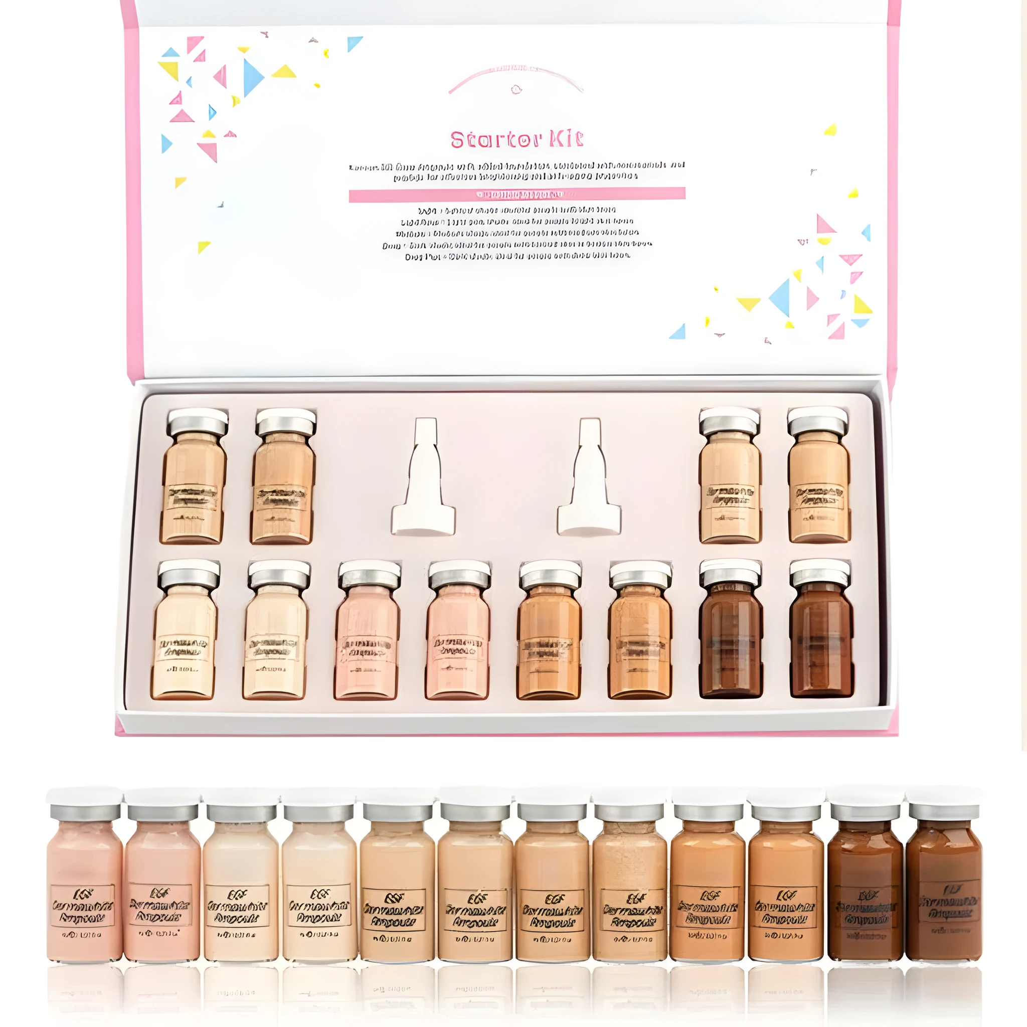 Korean BB cream 8ml booster ampoule starter kit with 12 mixed vials, niacinamide, and titanium dioxide