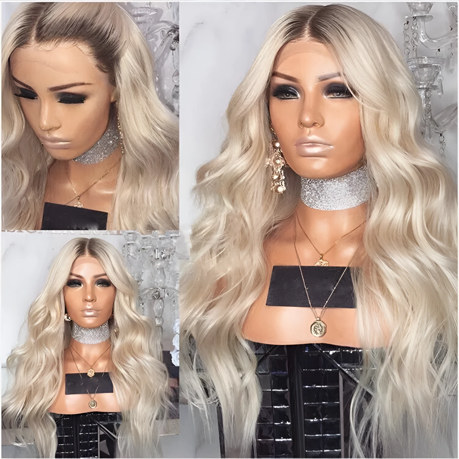 European blonde long curly wig 72cm length on display showing curls and simulation scalp base