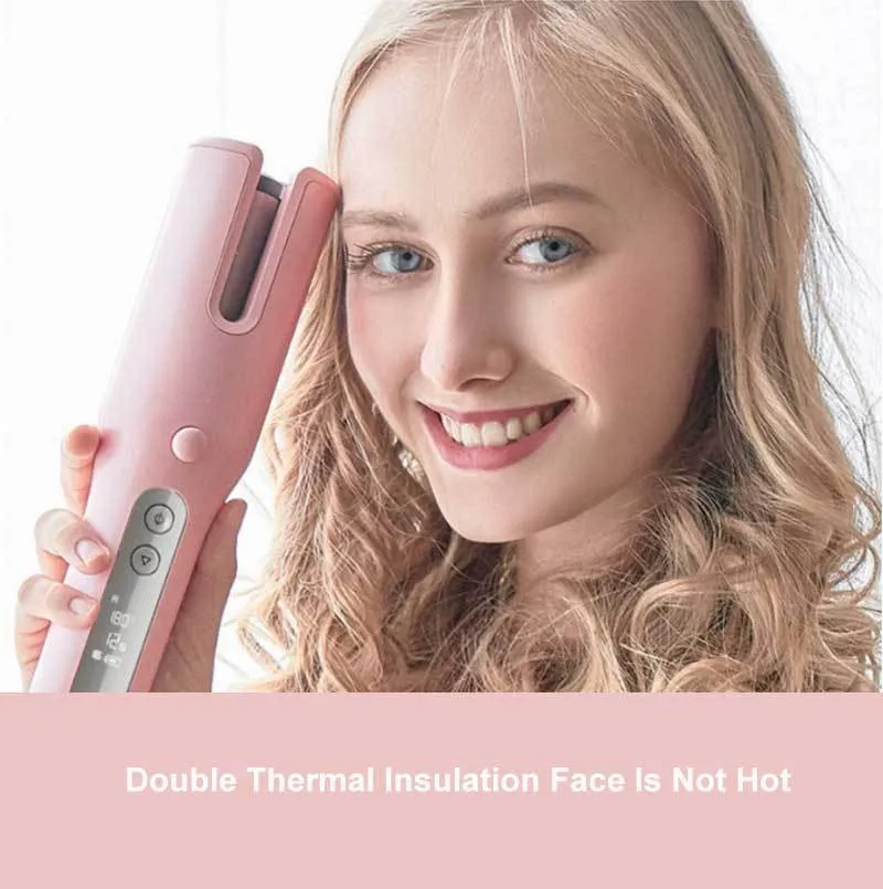 Wireless automatic hair curler with LCD screen, ceramic heating, and USB charging, in pink colour, with storage bag and clips