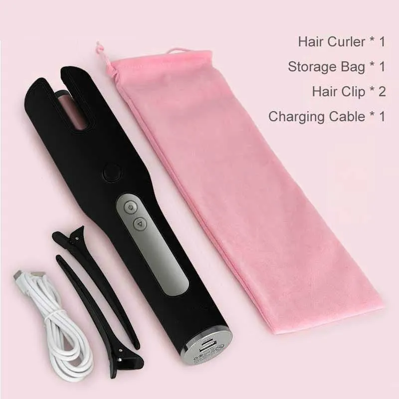 Wireless automatic hair curler with LCD screen, ceramic heating, and USB charging, in pink colour, with storage bag and clips
