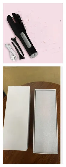 Wireless automatic hair curler with LCD screen, ceramic heating, and USB charging, in pink colour, with storage bag and clips