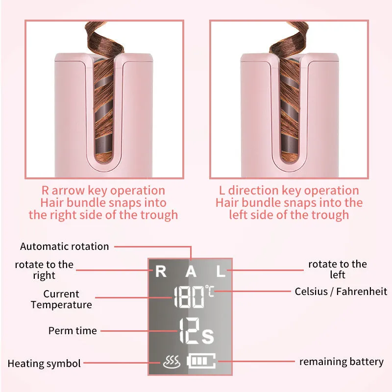 Wireless automatic hair curler with LCD screen, ceramic heating, and USB charging, in pink colour, with storage bag and clips
