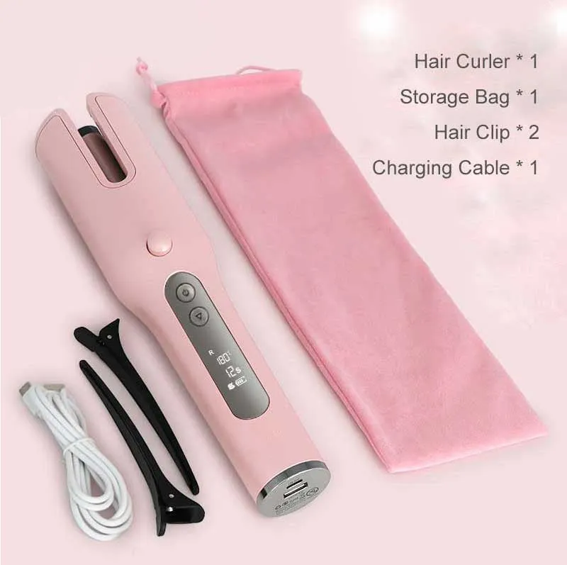 Wireless automatic hair curler with LCD screen, ceramic heating, and USB charging, in pink colour, with storage bag and clips