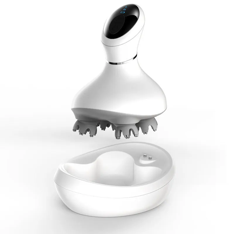 White rechargeable waterproof electric scalp head massager with wireless remote control on a surface