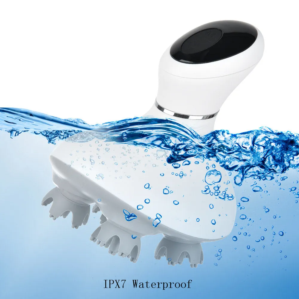 White rechargeable waterproof electric scalp head massager with wireless remote control on a surface