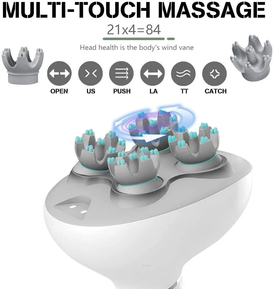 White rechargeable waterproof electric scalp head massager with wireless remote control on a surface
