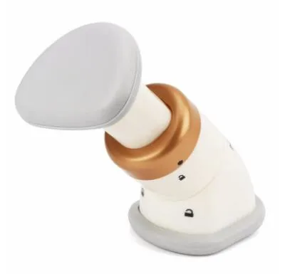 White mini chin massager neck exerciser with three adjustable springs and Oxford carry bag on plain background