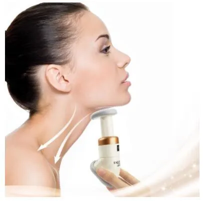 White mini chin massager neck exerciser with three adjustable springs and Oxford carry bag on plain background