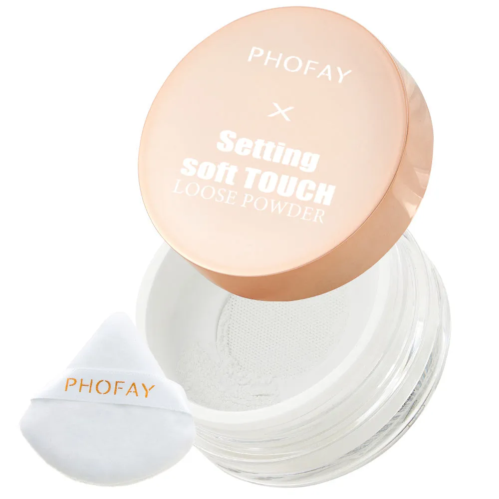 PHOFAY Setting Soft Touch Loose Powder 10g pot with net sifter and set point puff on white background