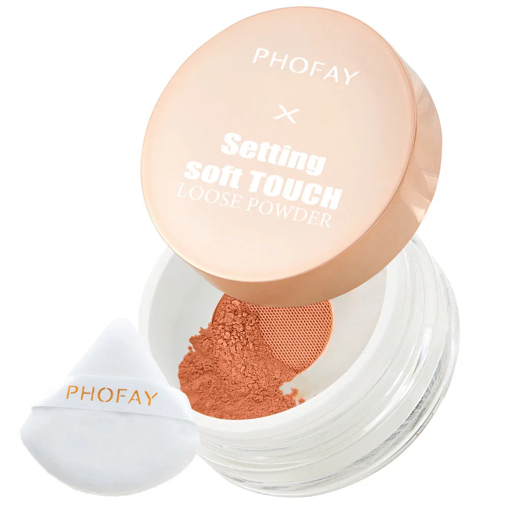 PHOFAY Setting Soft Touch Loose Powder 10g pot with net sifter and set point puff on white background