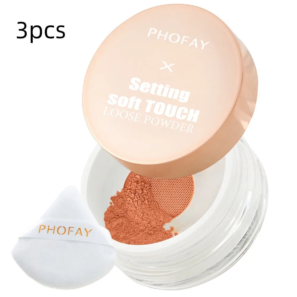 PHOFAY Setting Soft Touch Loose Powder 10g pot with net sifter and set point puff on white background