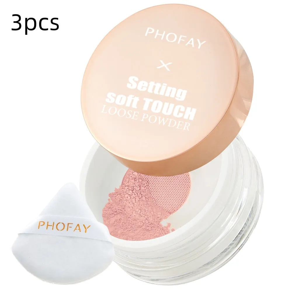 PHOFAY Setting Soft Touch Loose Powder 10g pot with net sifter and set point puff on white background