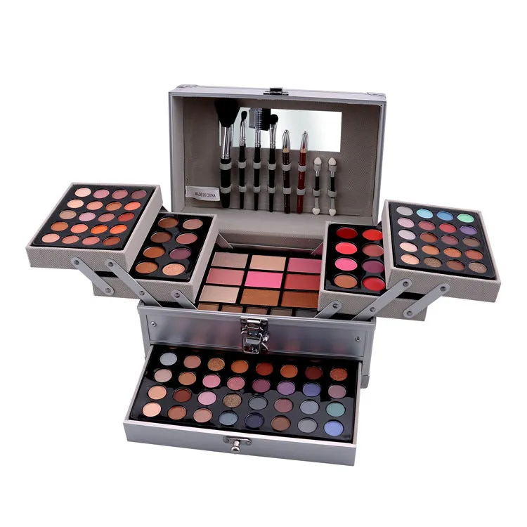 Lip pencil blush combination makeup set with lip gloss eye shadow and brush in compact case GM17290