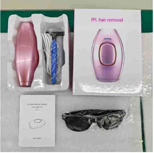 Home laser hair removal device in white, compact ABS body, 124x83x48.5mm, with UK plug adapter